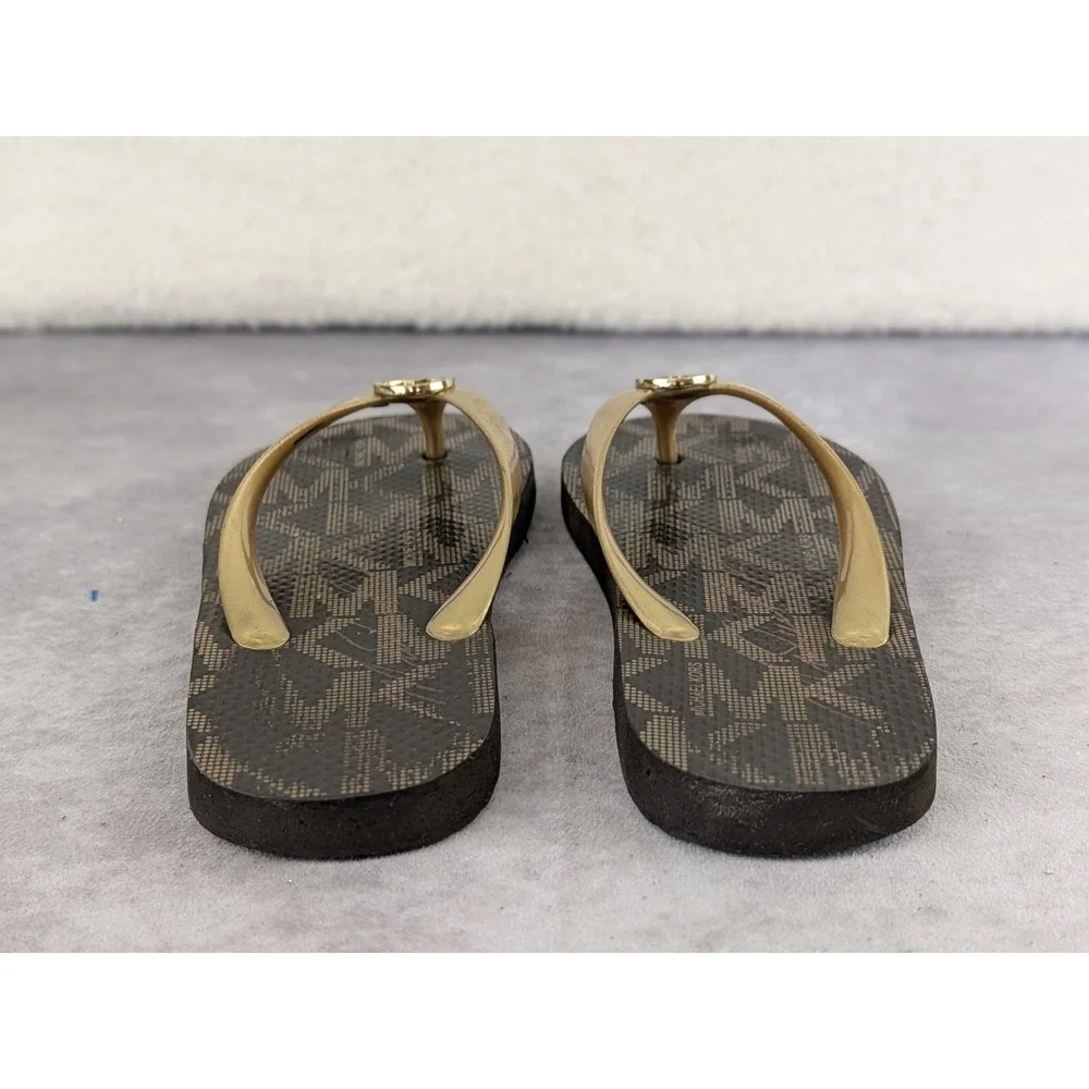 Michael Kors Womens MK Monogram Flip Flops Brown Gold Logo Sandals Size 8